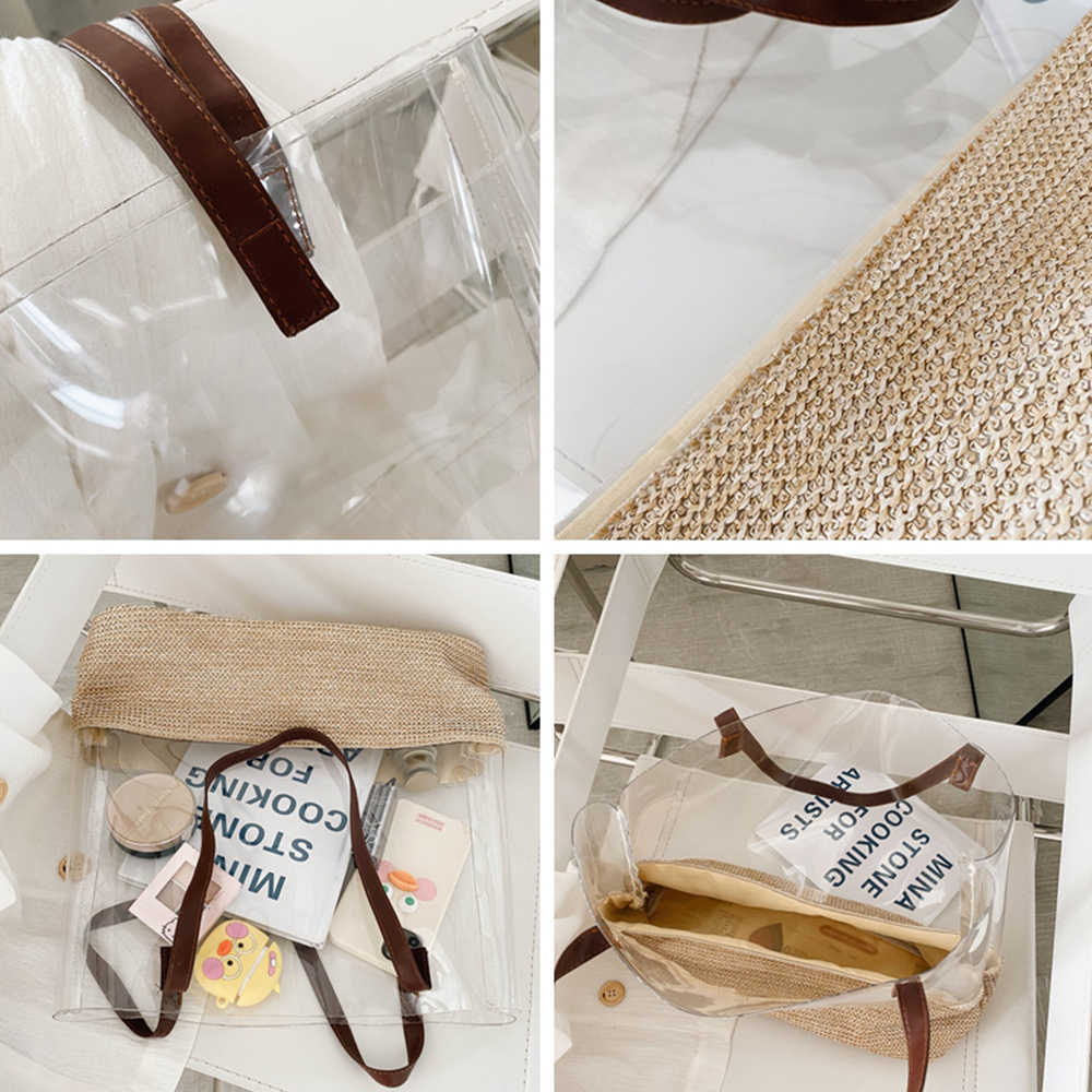 Hot Jelly Transparent Bag & Straw Beach Tote - Large Woven PVC Handbag For Women & -