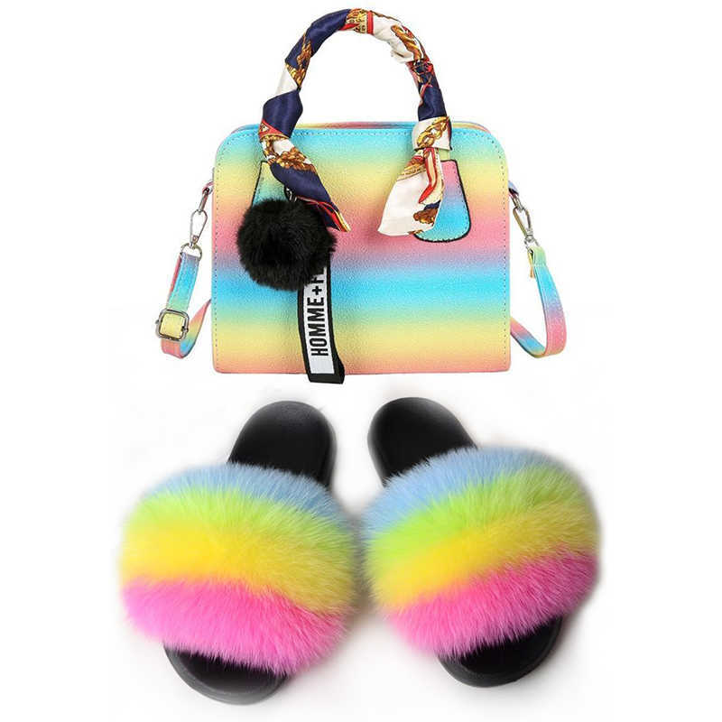 Women Shoes Real Fur Slides and Jelly Purse Set Exquisite Handbag ry Sandals Ladies Party Big with Bags 2107122