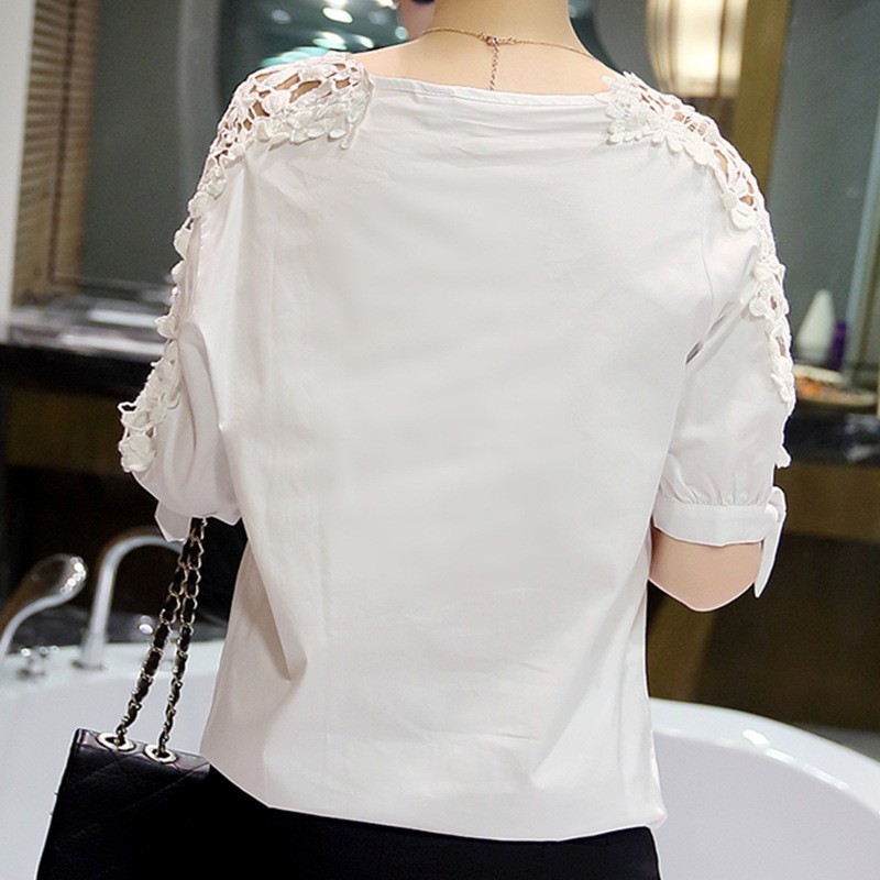 White Plus Size Women Blouses Shirts Fashion Floral Hollow Out Short Sleeve Women's Clothing V-neck Tops Blusas 5XL 823A 30 210225