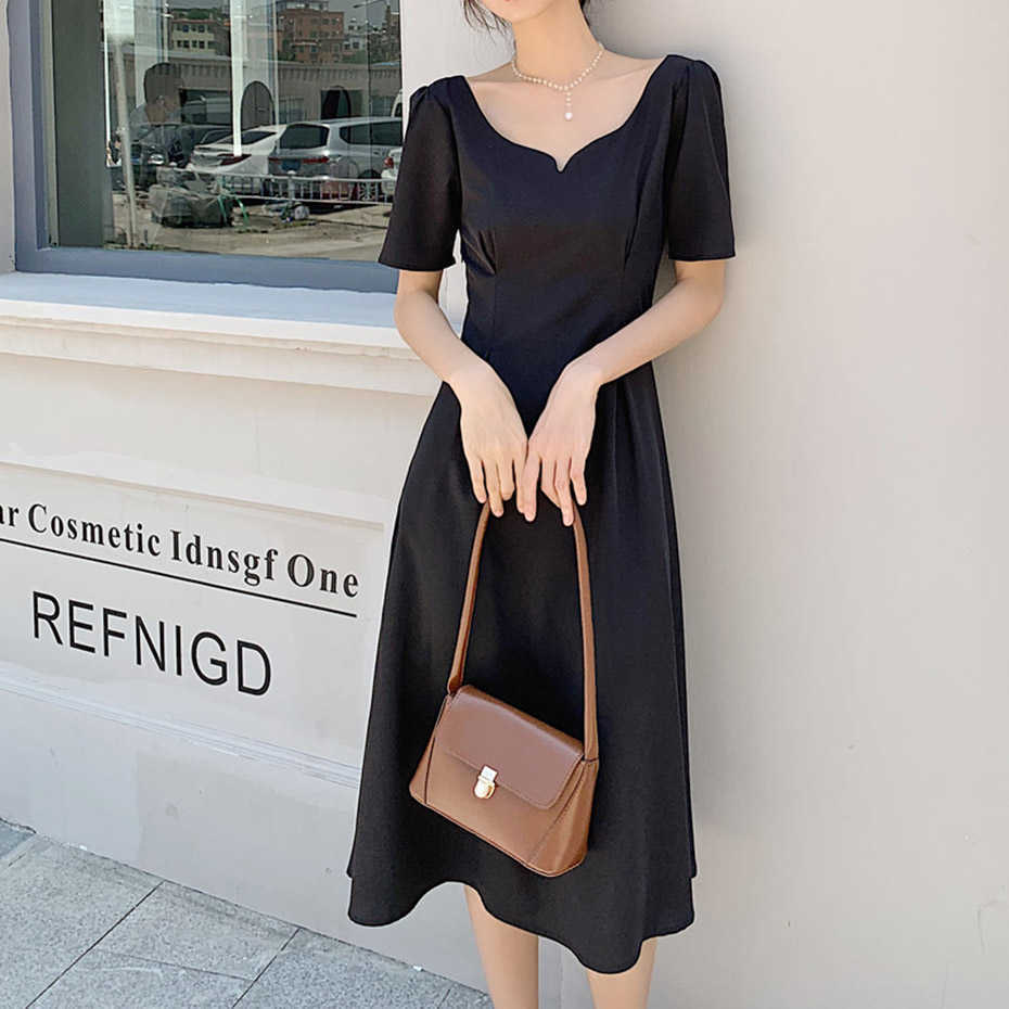 Minimalist White Tea Break Dress French High Waist Drape V-Neck Elegant Black Party Temperament Women Summer 210601