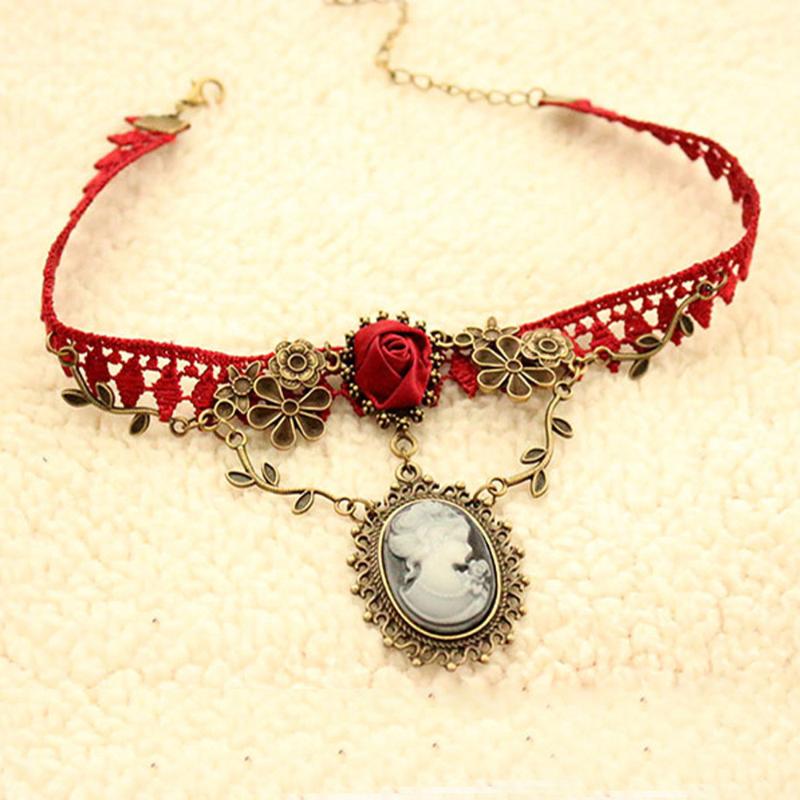 Pendant Necklaces Women039s Water Choker Necklace Stylish Cameo Red Rose Lace Fashion Jewelry Women Gift Xmas