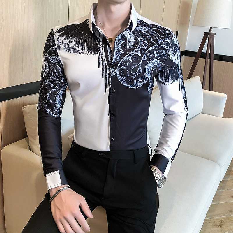 Fashion Patchwork Color Shirt Men Casual Autumn Winter Long Sleeve Tuxedo Slim Fit Digital Print Blouse Clothing 210721