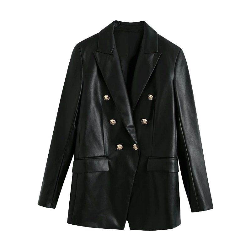 Women 2021 Fashion Double Breasted Faux Leather Blazers Coat Vintage Long Sleeve Back Vents Female Outerwear Chic Tops
