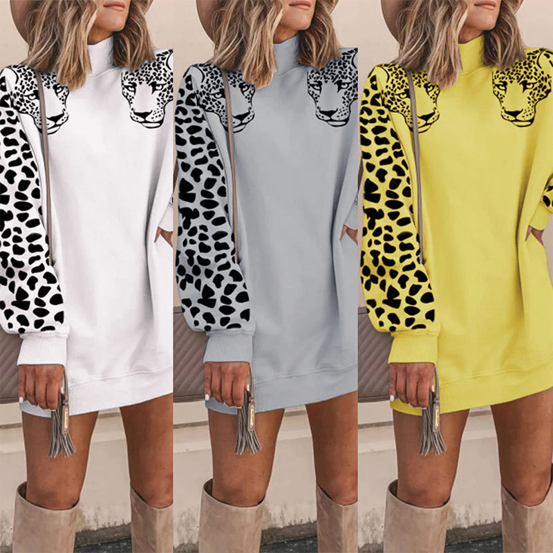 Autumn Leopard Printed Long Sweatshirt Women Patchwork Turtleneck Midi Pullovers Female Winter Streetwear Ladies Sweatshirt 201202