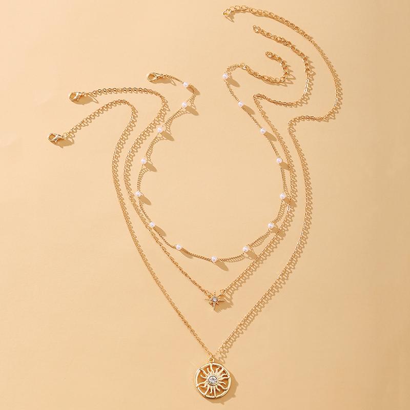 Chains Vintage Sinulation Pearl Geometric Sun Pendant Choker Necklace Jewelry For Women Fashion Gold Color Chain Jewellery Bijoux Femme