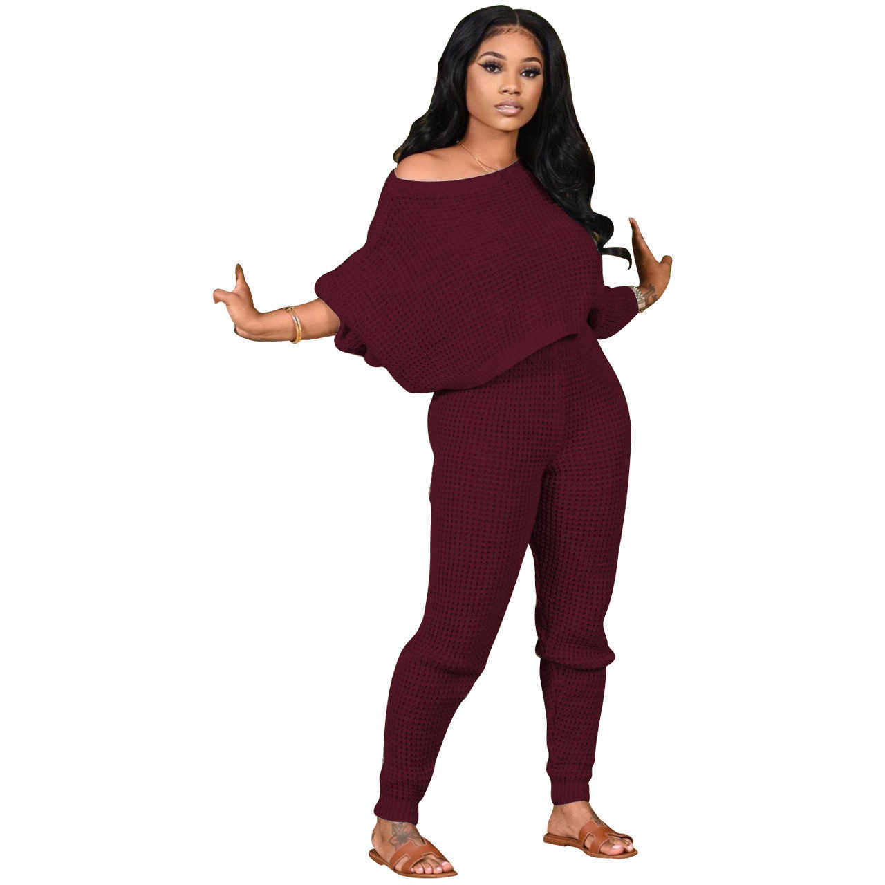 Winter Sale Sweater Knitted Set Femme Casual Solid Color O-neck Batwing Sleeve Pullover+Beam Feet Pants Conjunto Punto Mujer 210604
