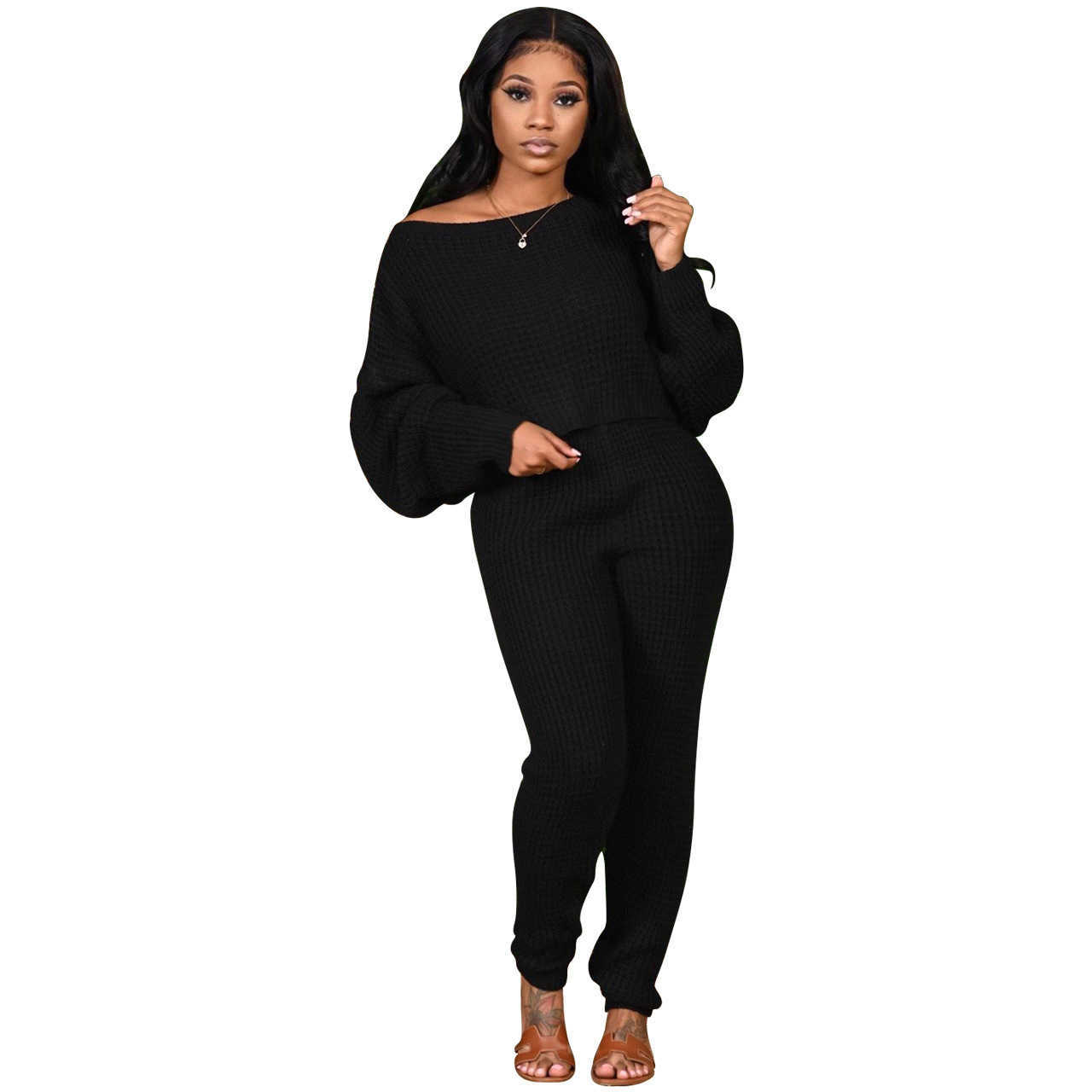 Winter Sale Sweater Knitted Set Femme Casual Solid Color O-neck Batwing Sleeve Pullover+Beam Feet Pants Conjunto Punto Mujer 210604