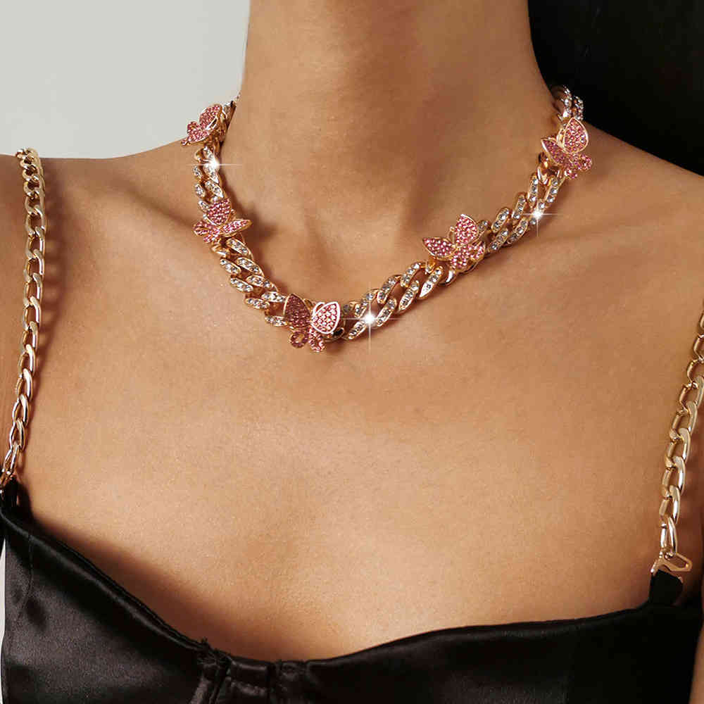 Punk Iced Out Buttefly Neckalce Full Miami Curb Butterfly Cuban Chain Bling Rapper Necklace Bracelet necklaces for Women hip Jewelry
