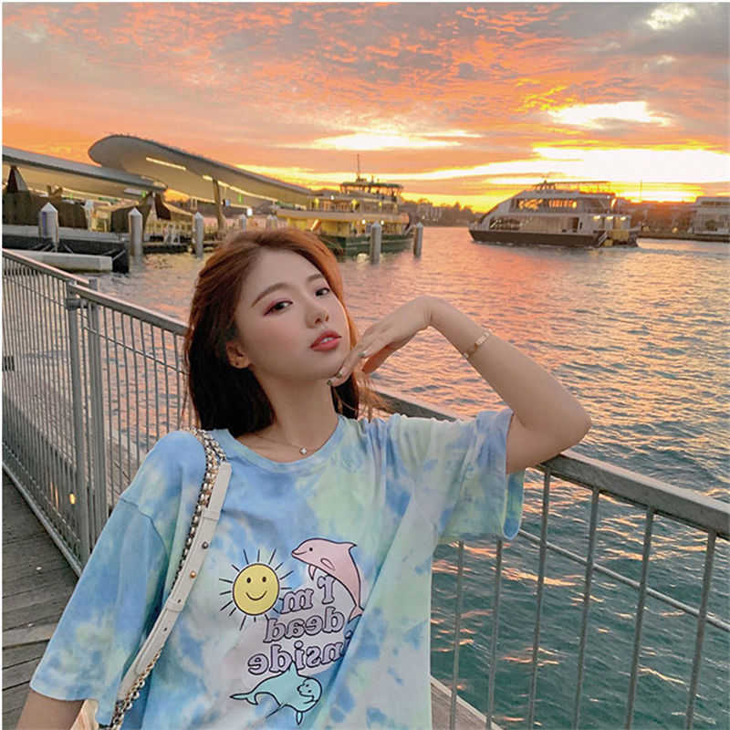 WOMENGAGA Cartoon print summer Korean short sleeve long T-shirt for female students lovely cute Kawaii korean tees 897J 210603