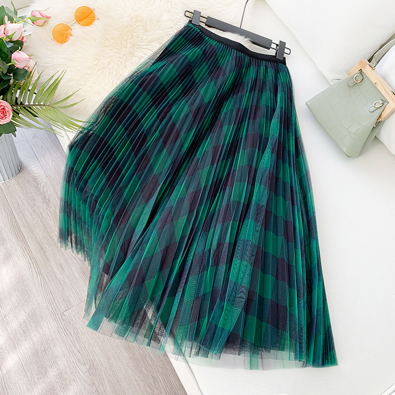 TIGENA Green Red Long Plaid Tutu Tulle Skirt Women Fashion Elegant A Line High Waist Pleated Maxi Skirt Female Ladies 210306
