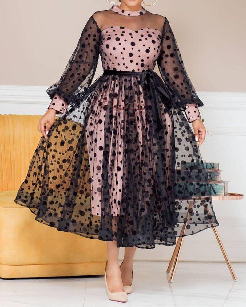 Casual Dresses Large Size Women Polka Dot Maxi Dress Perspective Mesh Stitching Temperament A-line See-through O-Neck Party, Black
Casual Dresses Large Size Women Polka Dot Maxi Dress Perspective Mesh Stitching Temperament A-line See-through O-Neck Party, Black