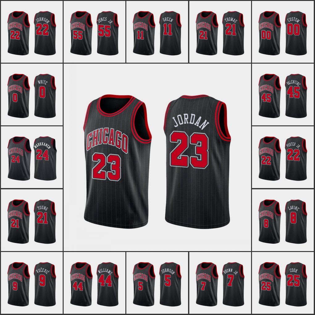 ChicagoBullsMen Thaddeus Young Coby White Zach LaVine Michael Jor dan Lauri Markkanen Denzel Valentine Custom Black Statement Pinstripe Jersey
ChicagoBullsMen Thaddeus Young Coby White Zach LaVine Michael Jor dan Lauri Markkanen Denzel Valentine Custom Black Statement Pinstripe Jersey