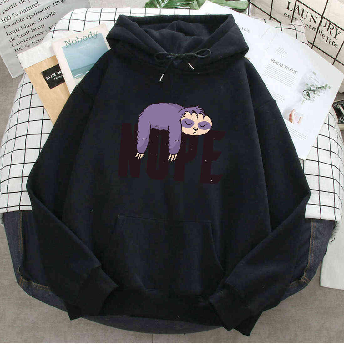 Nope Sleep Sloth Print Hoodies Man Women Casual Loose Sweatshirts Autumn Long Sleeve Hooded Pockets Hip Hop Streetwear Clothes H0909