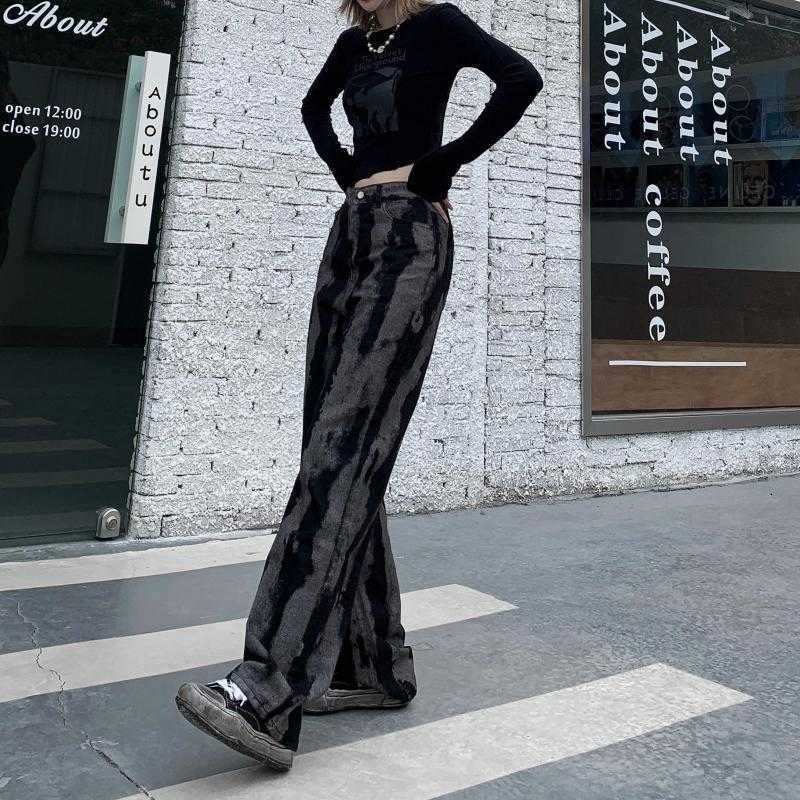 Yedinas Tie Dye Denim Pants Women Wide Leg Jeans High Waist Black Gothic Trousers Jean Boyfriend Femme 90s Streetwear 210527