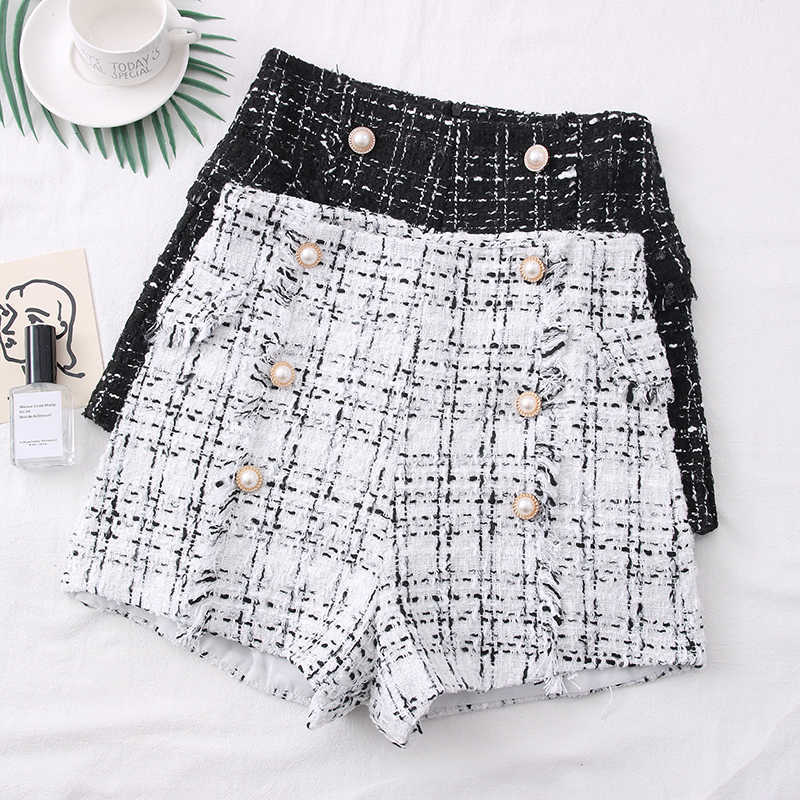 High Waist Tweed Shorts Women Casual Loose Ladies Fashion Spring Autumn Slim Button All-match 210714