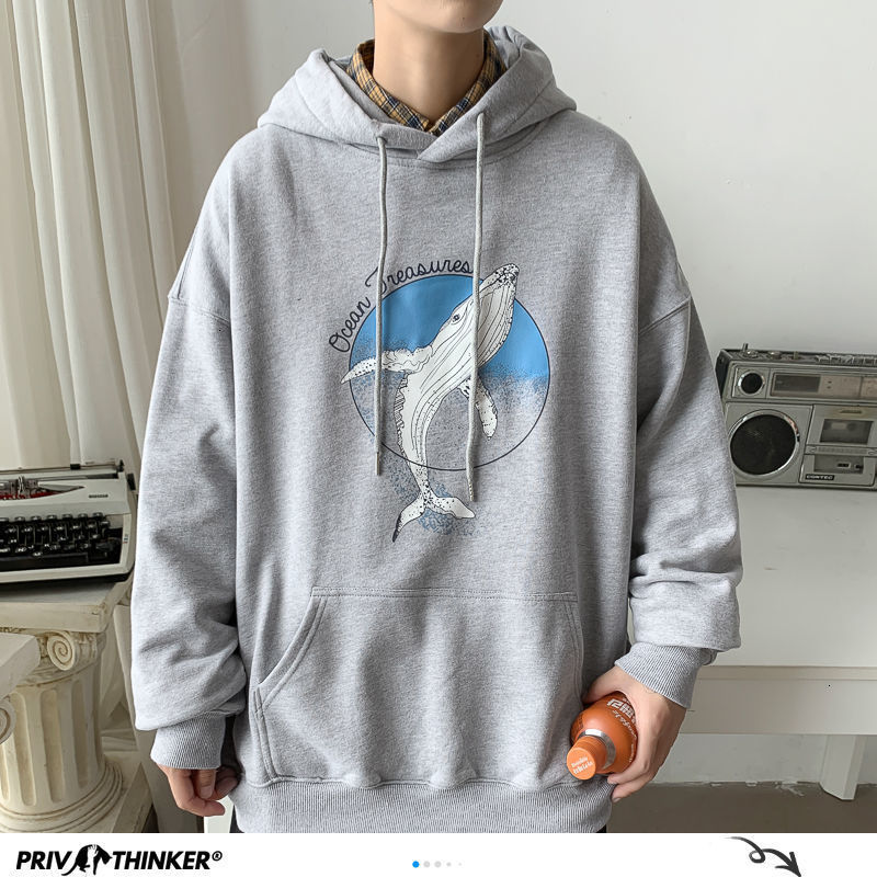 Privathinker Whale Printed Men Hoodies Autumn Warm Korean Loose Men's Hooded Sweatshirts Man Streetwear Casual Pullovers 201020