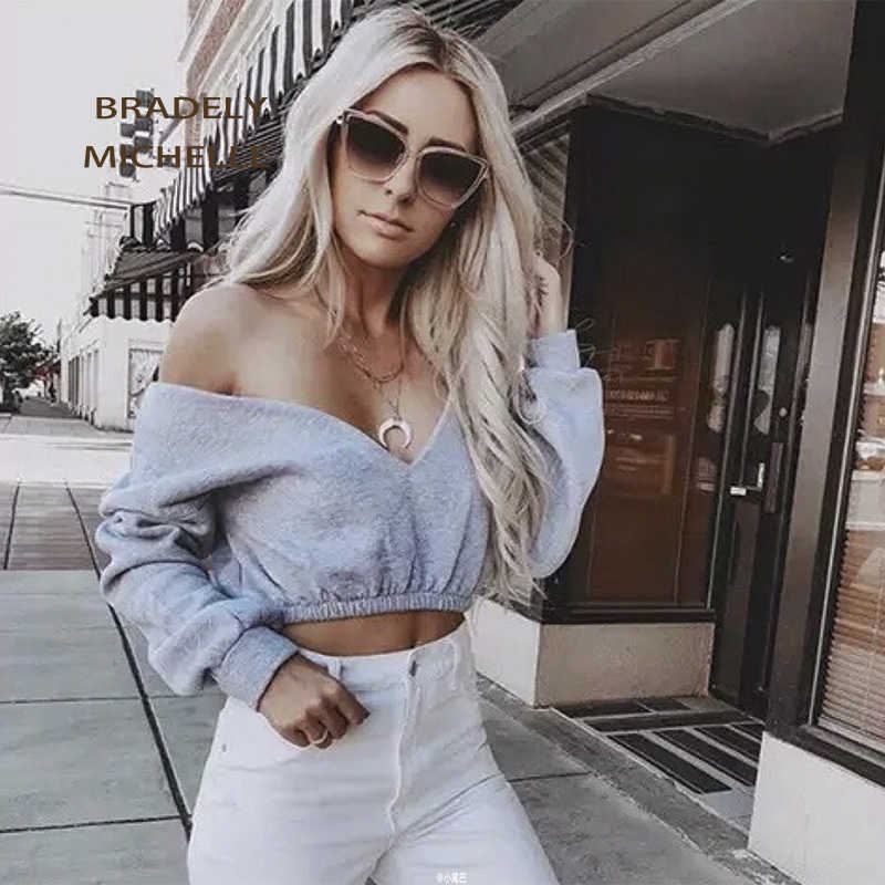 BRADELY MICHELLE women sexy sweatshirt streetwear hoodies hip pop crop top female long sleeve deep vneck pullovers 210816