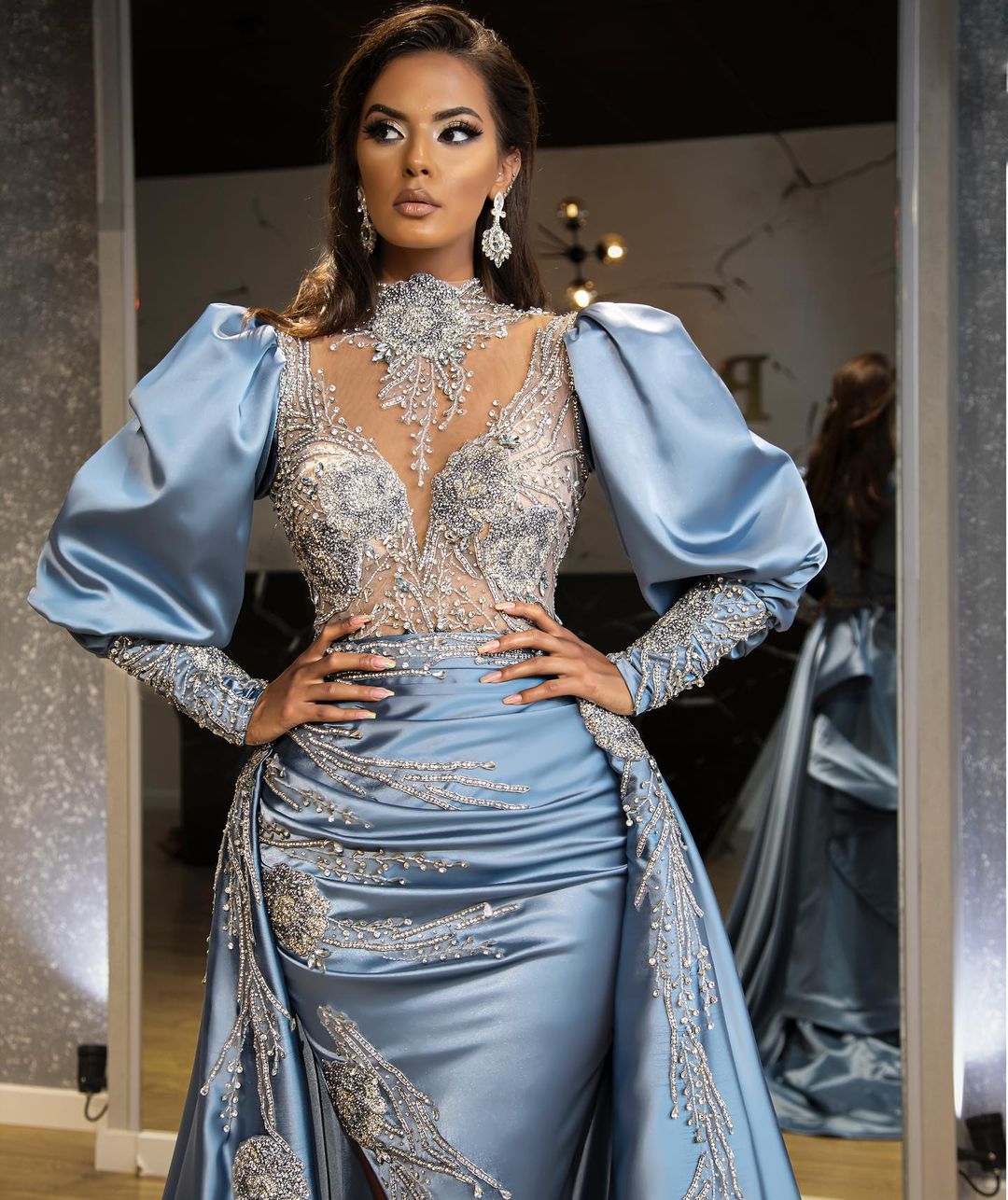 Plus Size Arabic Aso Ebi Luxurious High Split Prom Dresses Beaded Crystals Mermaid Evening Formal Party Second Reception Gowns Dress ZJ322