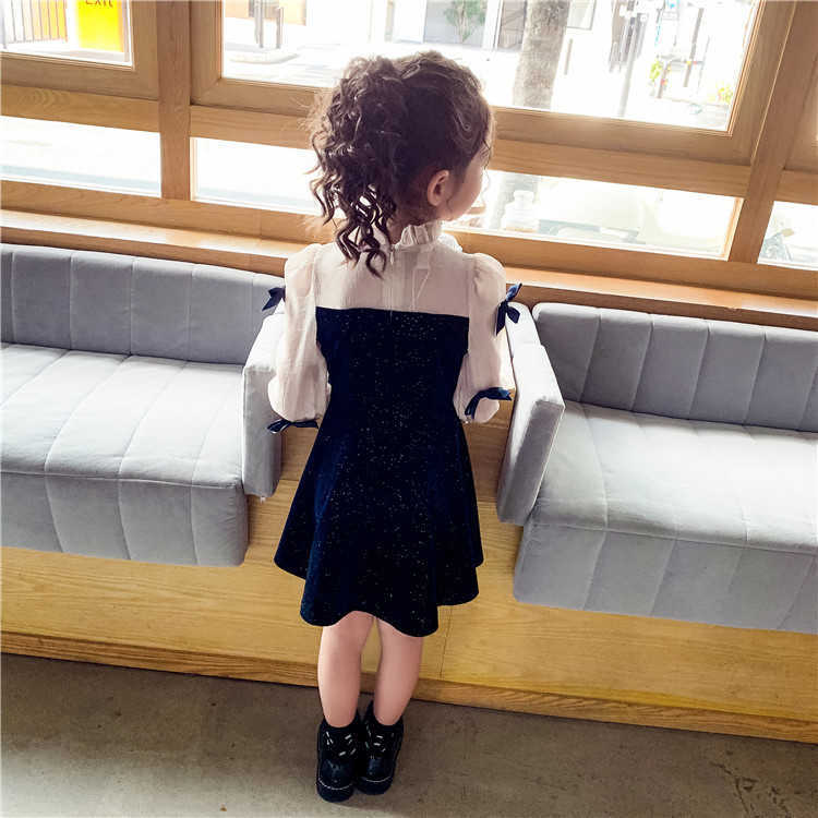 Navy Blue Party Dress For Girls Autumn Bowknot Long Sleeve Kids Clothing Classic Kids Dresses for Girls 4 5 7 9 11 13 Years Old 201204
