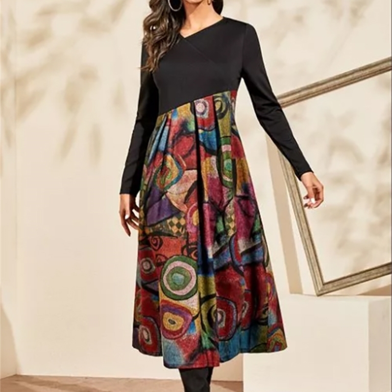 O neck women winter Tshirt dress Long sleeve Fashion dress female casual Chic printing ladies work midi autumn dress 201008