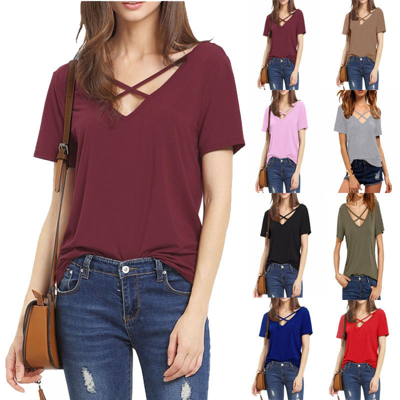 Women Criss Cross Deep V Neck T Shirts Summer Womens Short Sleeved t-shirt Solid Color Casual tshirts Loose Tops Women' Clothing, Black
Women Criss Cross Deep V Neck T Shirts Summer Womens Short Sleeved t-shirt Solid Color Casual tshirts Loose Tops Women' Clothing, Black