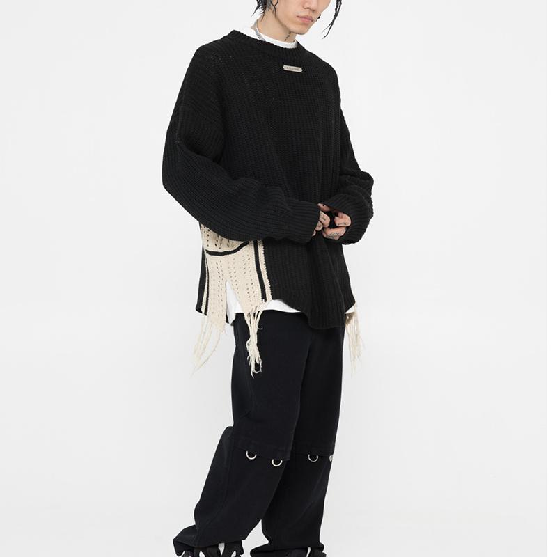 Men's Sweaters High Crew Male Harajuku Retro Colour Street Tassel Block Oversize Casual Neck Sweater Loose Couple Clothes Men Pullover, White;black 
Men's Sweaters High Crew Male Harajuku Retro Colour Street Tassel Block Oversize Casual Neck Sweater Loose Couple Clothes Men Pullover, White;black