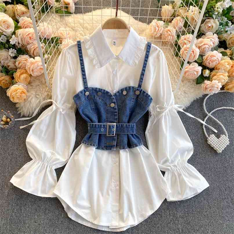Spring Women's Clothing Set Lapel Collar Puff Sleeve White Shirt Blouse + Strap Denim Suspender Vest Two Piece 210603
Spring Women's Clothing Set Lapel Collar Puff Sleeve White Shirt Blouse + Strap Denim Suspender Vest Two Piece 210603