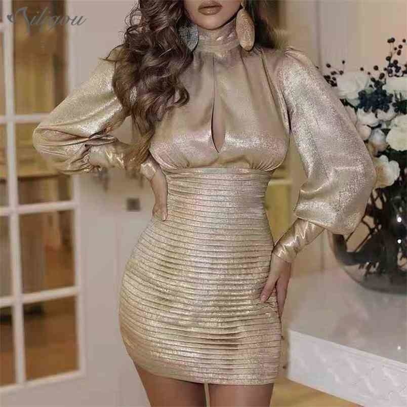 Women Summer Fashion Sexy Lantern Sleeve Hollow High Neck Gold Ladies Mini Dress Elegant Party Vestidos 210525
Women Summer Fashion Sexy Lantern Sleeve Hollow High Neck Gold Ladies Mini Dress Elegant Party Vestidos 210525