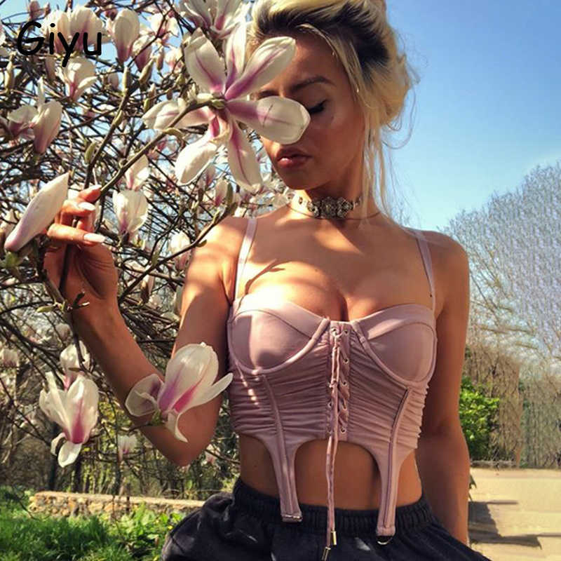 Giyu Sexy Mesh Crop Tops Women Camis Summer Lace Up Bandage Spaghetti Strap Backless Camisole Elegant Blusas Femininas 210625