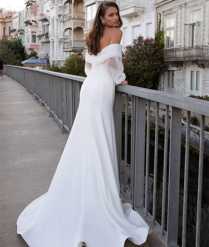 Simple Satin Mermaid Wedding Dresses Long Fuff Sleeve Sexy Lace Beach Bride Dress Off The Shoulder Boho Bridal Gowns