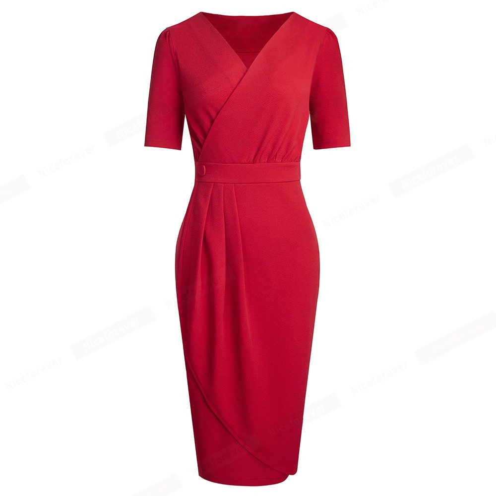 Nice-forever Elegant Pure Color with Button Office Work vestidos Business Party Slim Bodycon Women Pencil Dress B583 210224