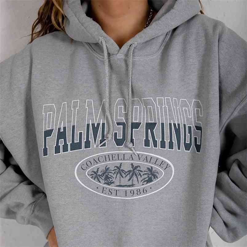 Letter Print Sweatshirt Vintage Women Hoodies Gray Cotton Warm Fleece Winter Pullovers Autumn Casual Streetwear Girls 210816