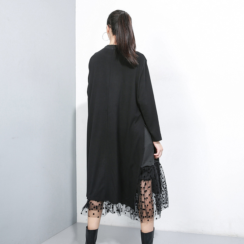 EAM Women Black Mesh Dot Split Joint Dress Stand Collar Long Sleeve Loose Fit Fashion Spring Autumn 1B593 210309