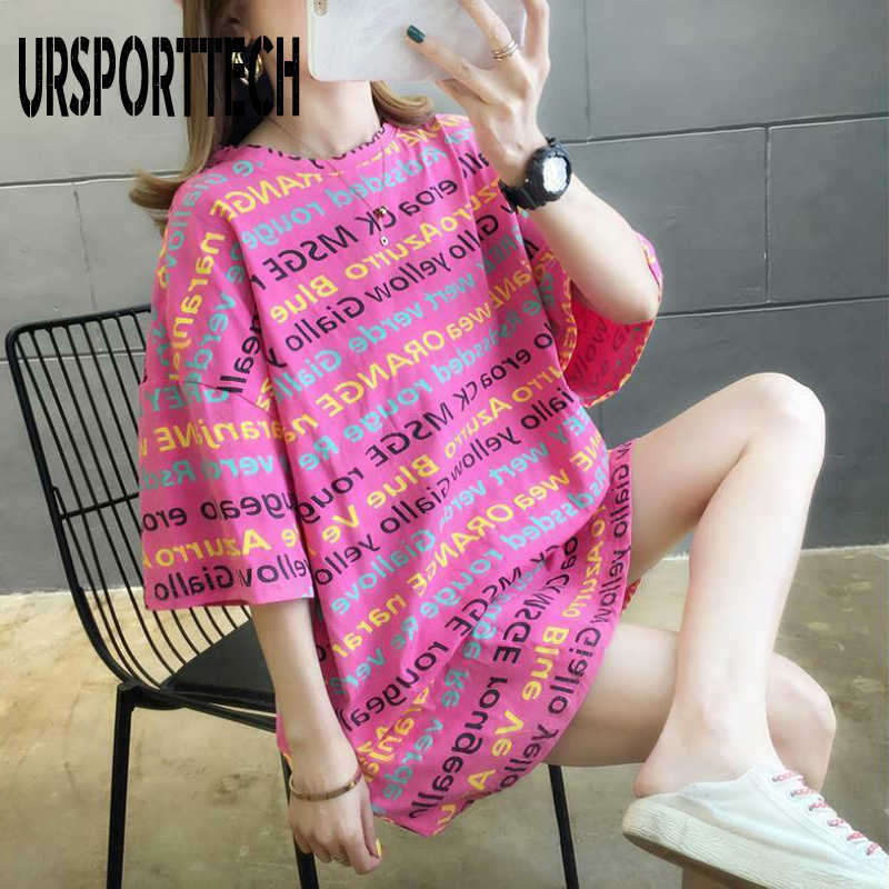 URSPORTTECH Womens Tshirts Letter Printed Long T Shirt Women Summer Short Sleeve Shirt Female Oversized Casual Harajuku Tops Tee 210528