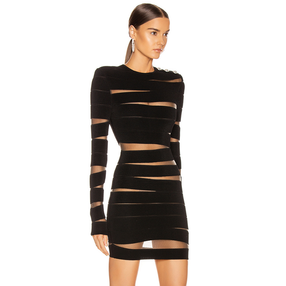 Adyce 2021 New Autumn Black Lace Bandage Dress Women Sexy Long Sleeve Hollow Out Club Mini Celebrity Evening Runway Party Dress 210303