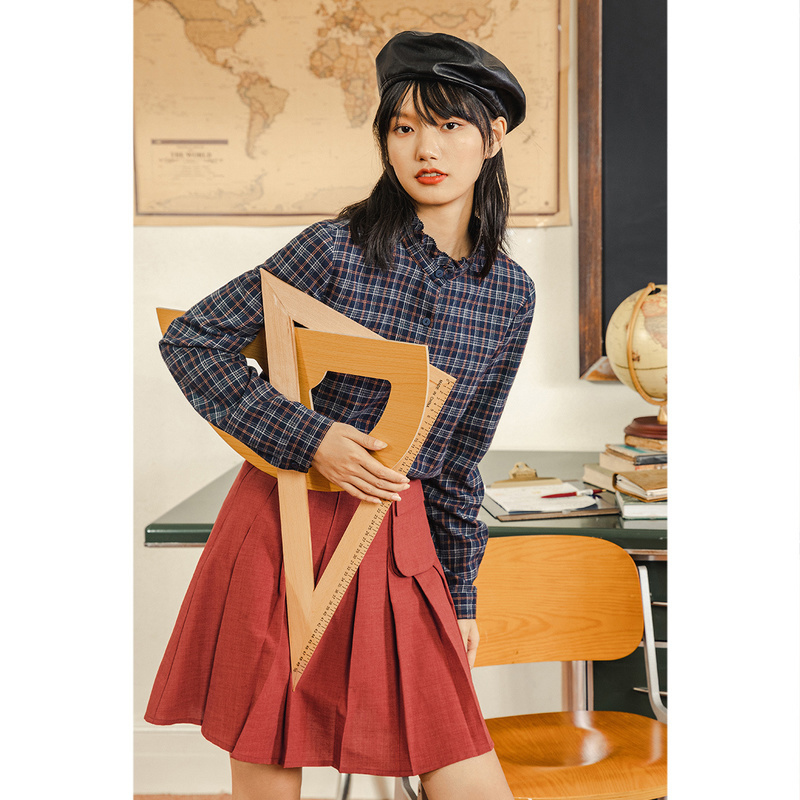 INMAN Autumn Winter Lace Stand-up Collar Long-sleeved Shirt Plaid Cotton Blouse 210225