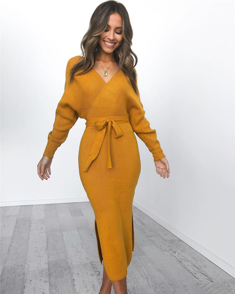 hot style autumn and winter 5color sexy Vneck lace up long sleeve womens dress 101245 201008