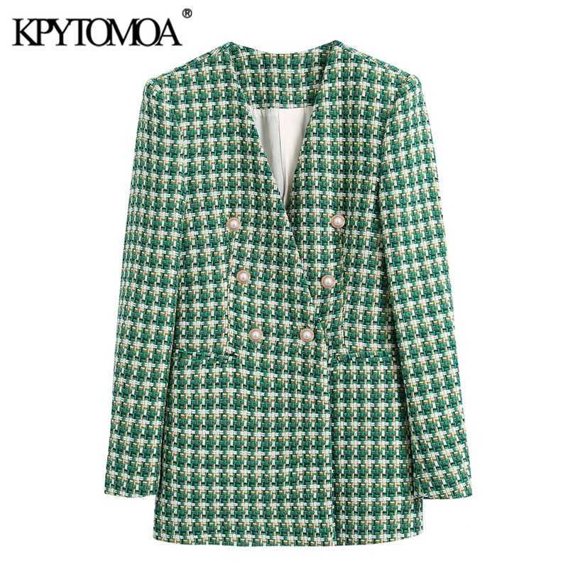KPYTOMOA Women Fashion Double Breasted Tweed Blazer Coat Vintage Long Sleeve Welt Pockets Female Outerwear Chic Veste Femme 211122