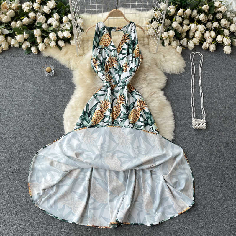 DEAT Women Printing Hollow Out Sandy Beach Dress V-Neck Sleeveless Arrivals Temperament Fashion Spring Summer 11D612 210709