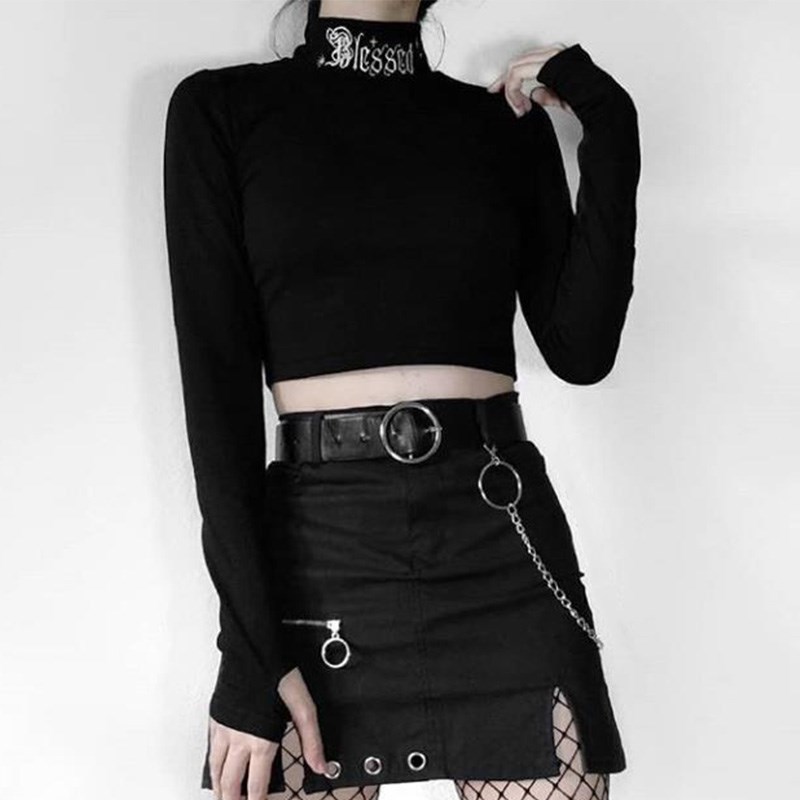 InsGirl Dark Goth T-shirt Women Blessed Letter Embroidered Turtleneck Slim Tumblr Clothes Y2K E-girl Punk Street Bottom Top Tees 210302