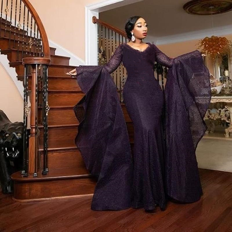Arabic Vintage Black Mermaid Prom Dresses Flare Long Sleeve Full Lace Formal Evening Gowns V-Neck Special Occasion Gowns Custom Made 2021