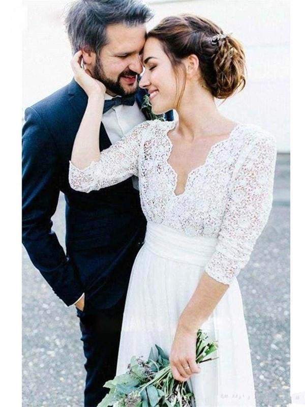 Country Dresses With 3/4 Long Sleeves Lace Scalloped V Neck Back Chiffon Floor Length Beach Wedding Bridal Gown Vestidos 403 Estidos Estidos