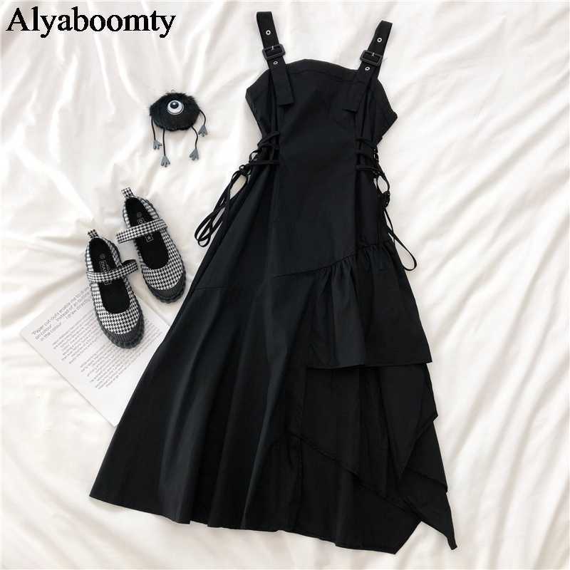 Japanese Harajuku Women Streetwear Irregular Sundress Suspenders Gothic Punk Style Black Bandage Dress Sleeveless Slim Dress 210630