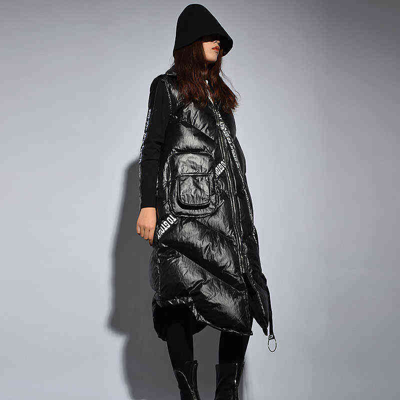 XITAO Streetwear Fashion Women Winter Turn-down Collar Full Sleeve Vest Female Patchwork [pcker Letter ZLL2158 211120