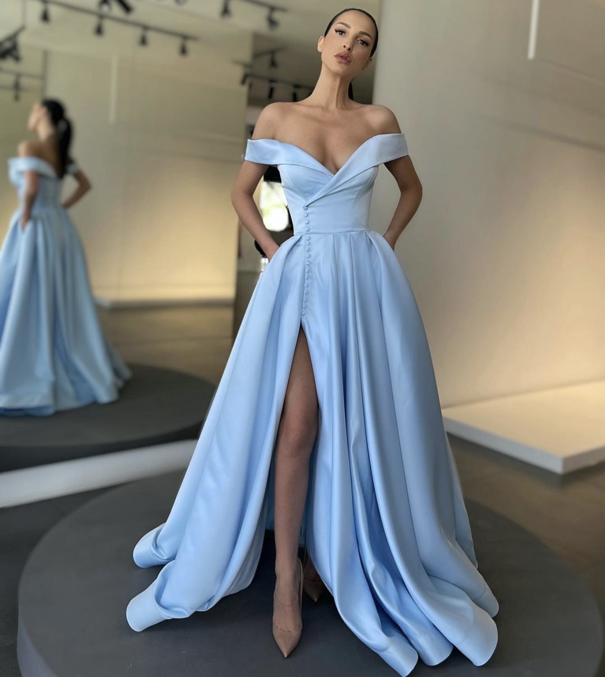 Burgundy Evening Dresses Prom Gowns Formal For Women Party Dinner Date Off Shoulder Side Split Buttons Satin Pink Custom Made