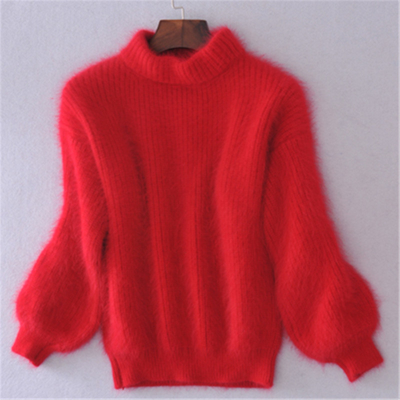 Turtleneck Mohair Sweater For Women | Warm White Knitted Lantern Sleeve Pullover B3
