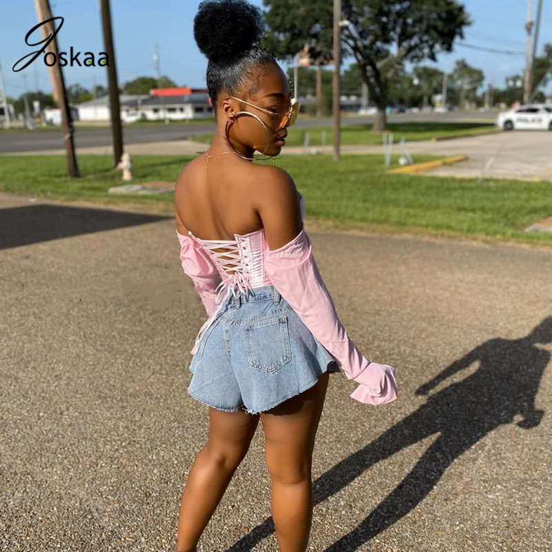 Joskaa Solid Patchwork Slash Neck Off Shoulder Sexy Bubble Sleeve Top Backless Line Up Party Night Women Shirt Leisure Corset 210310