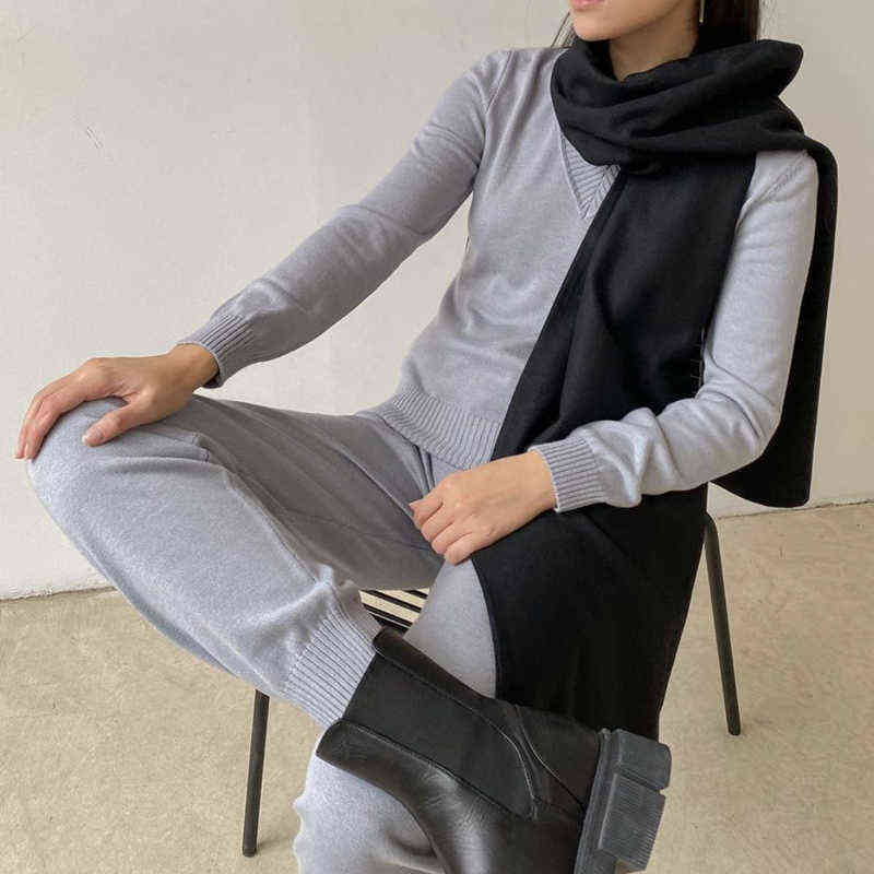 Hirsionsan Cashmere Knitted Sets Women New Loose V Neck Sweater & Carrot Pant 2 Pieces Female Outfit Tracksuits Harem Pants 211117