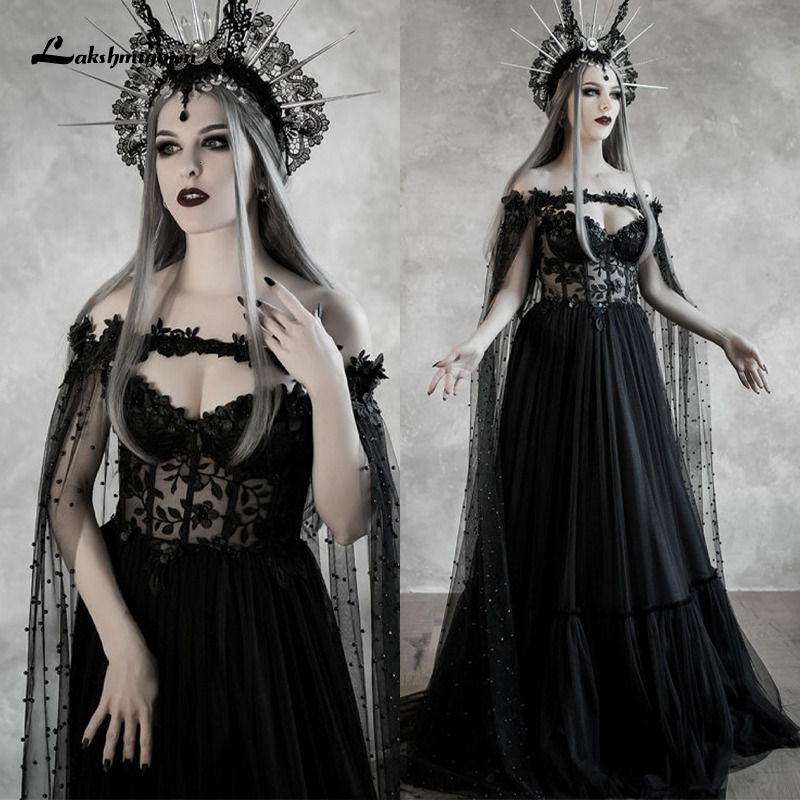 2021 Nouveau Lakshmigow Dark Fairytale gothique Black ES avec corset en coupe Corste Corsage Fantasy Robe de mariée Halloween Cloak IB77