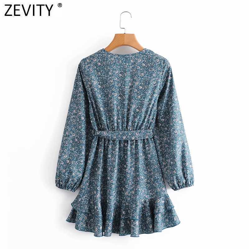 Zevity Women Vintage Cross V Neck Floral Print Ruffles Mini Dress Femme Long Sleeve Bow Tied Sashes Vestido Cloth DS4702 210603